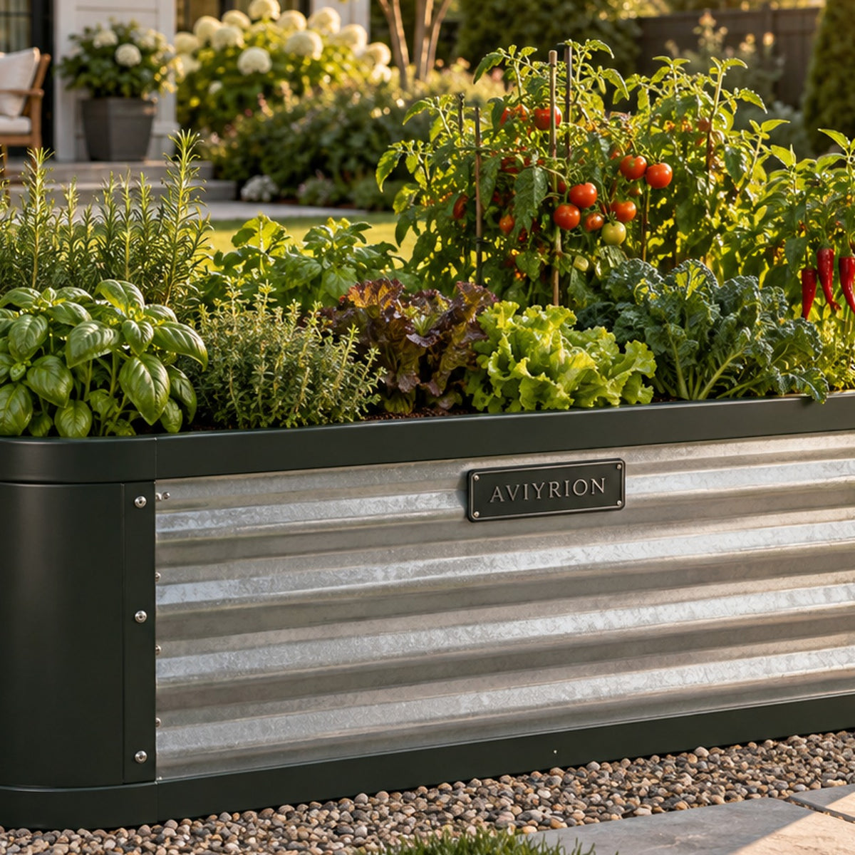 Galvanized Raised Garden Bed detail with Aviyrion branding