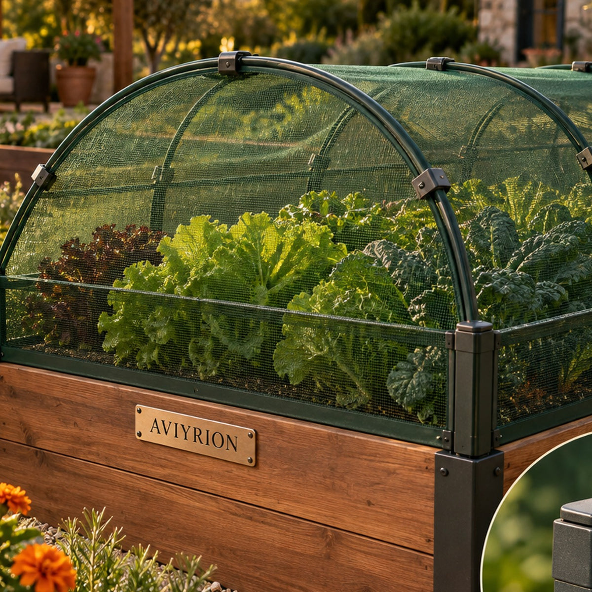 Garden Protection Mesh System detail with Aviyrion branding