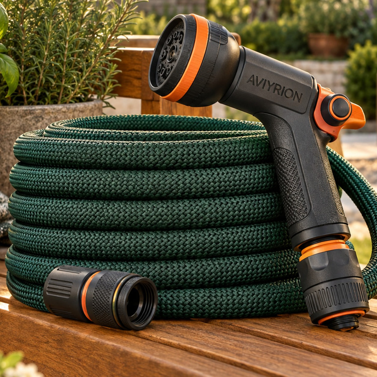 Expandable Garden Hose System detail with Aviyrion branding