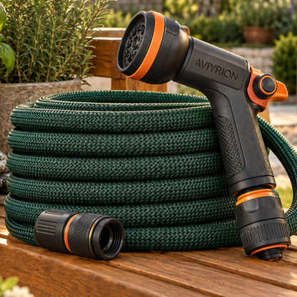 Expandable Garden Hose System detail with Aviyrion branding