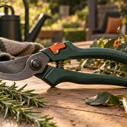 Professional Bypass Pruning Shears detail with Aviyrion branding