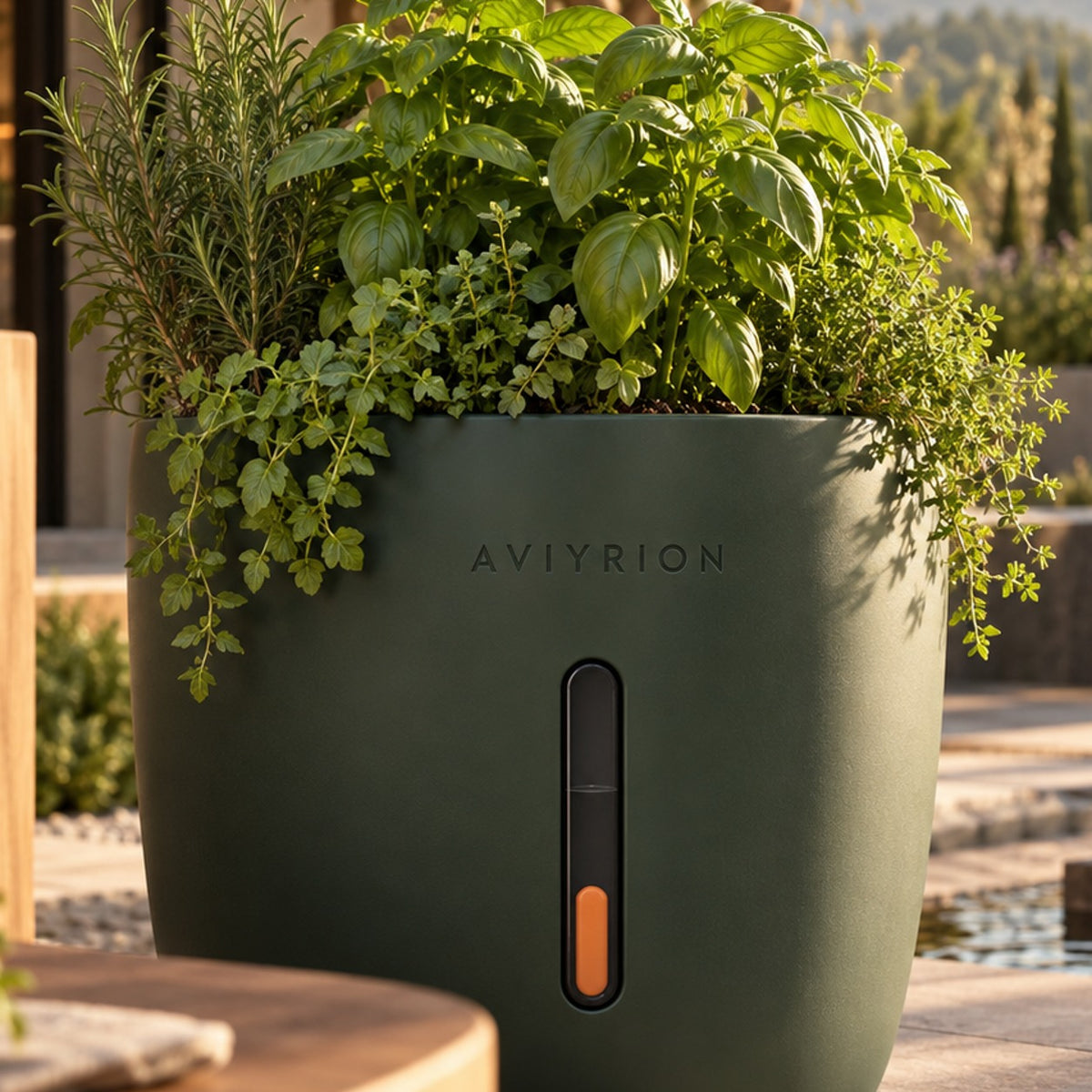 Self-Watering Planter System detail with Aviyrion branding