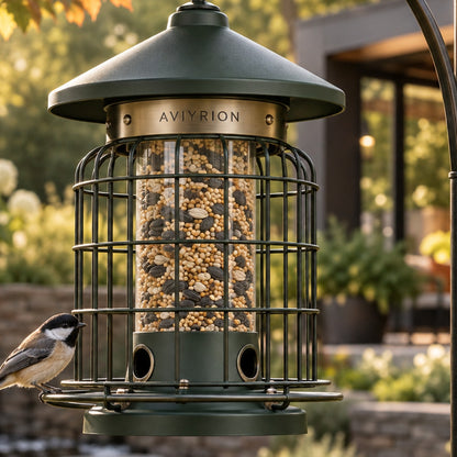 Squirrel-Resistant Bird Feeder detail with Aviyrion branding