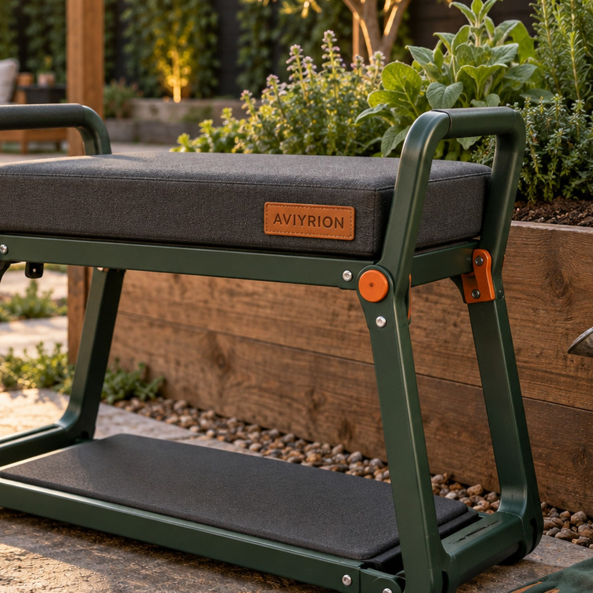 Folding Garden Kneeler & Seat detail with Aviyrion branding
